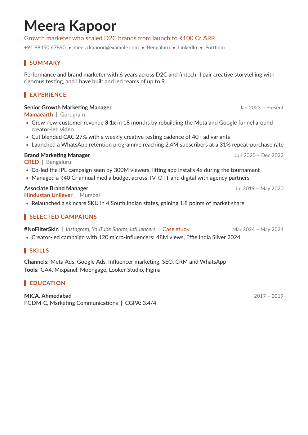 Marketing & Sales resume template filled in with a sample resume